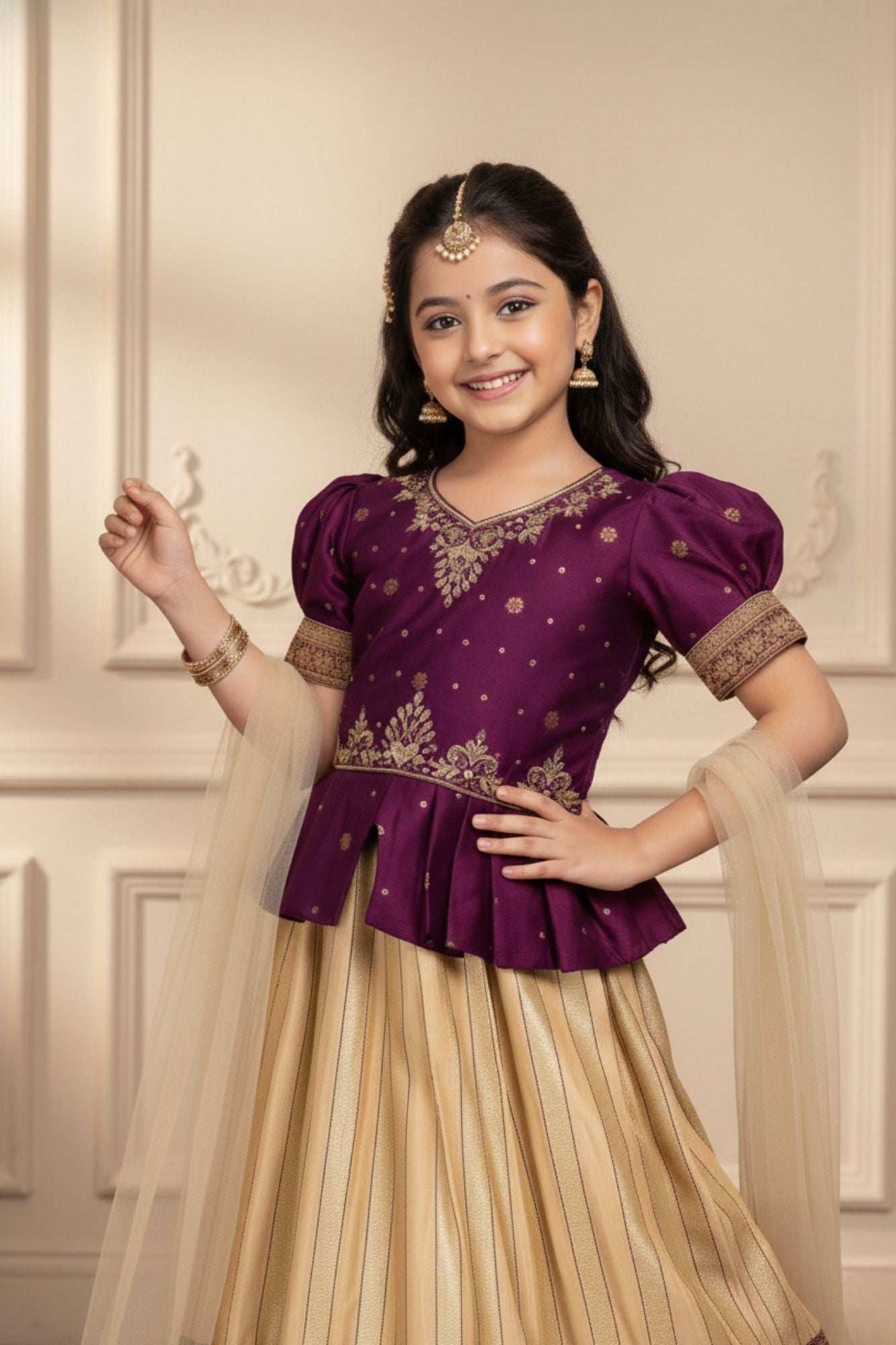 Wine Pattu Pavadai Set with Gold Embroidery For Girls