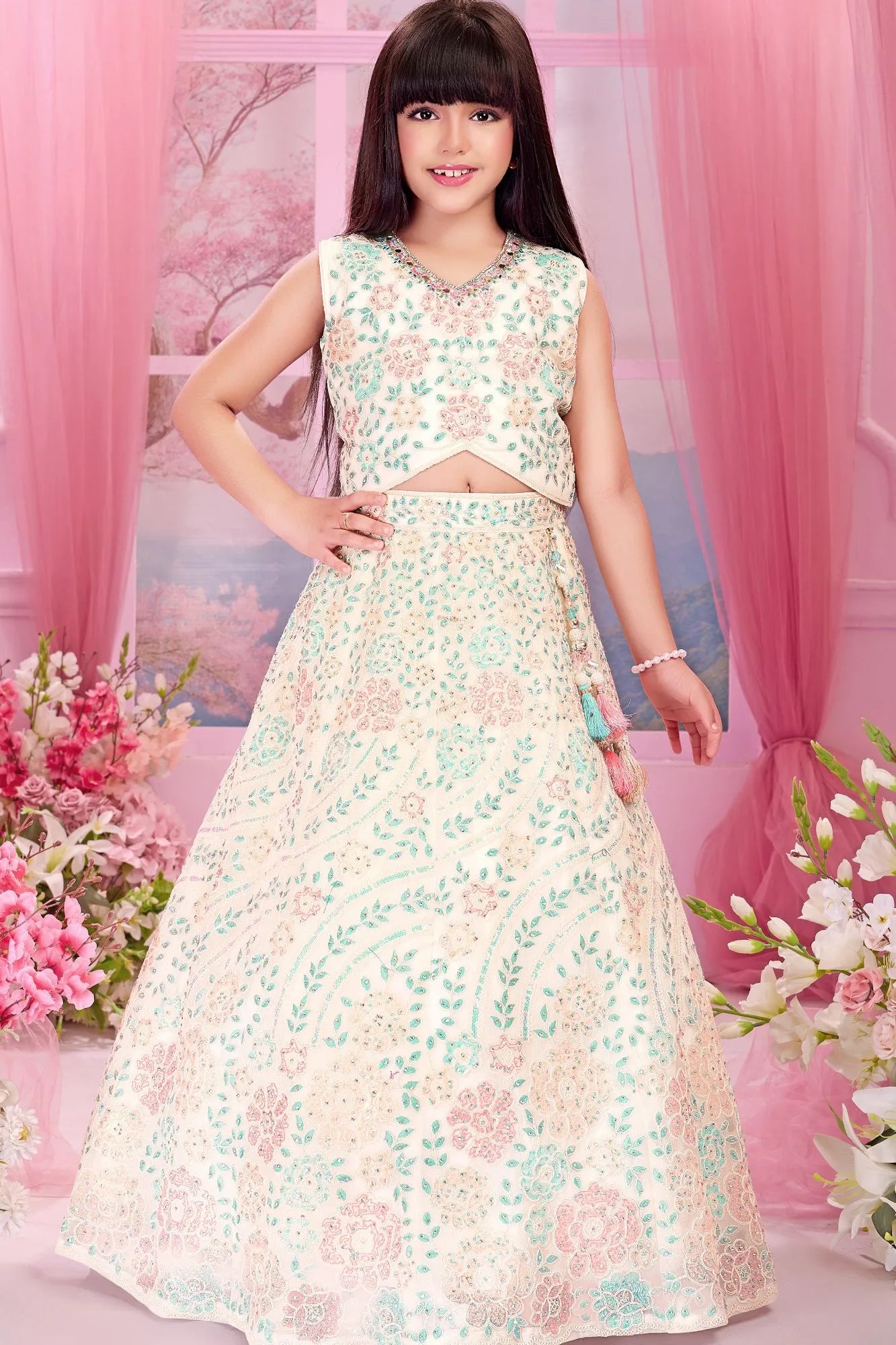 Pastel Mint And Peach Floral Embroidered Lehenga Choli Set For Girls