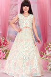 Pastel Mint And Peach Floral Embroidered Lehenga Choli Set For Girls