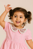 Pink Embroidered Frock With Peter Pan Collar & Ruffled Hem For Girls