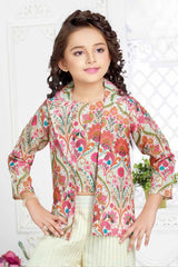 Multicolor Casual Set With Floral Printed Overcoat For Girls