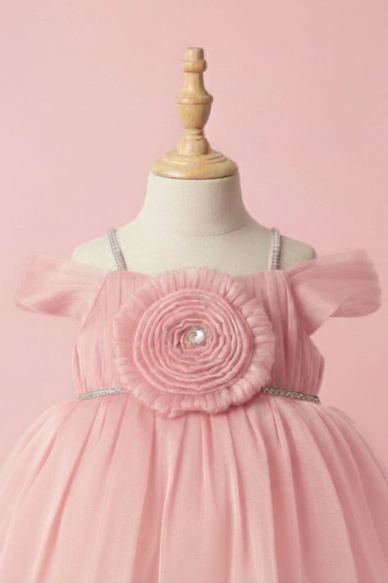 Peach Party Frock with Pleated Flower Appliqué and Shimmer Finish For Girls