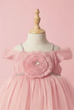 Peach Party Frock with Pleated Flower Appliqué and Shimmer Finish For Girls