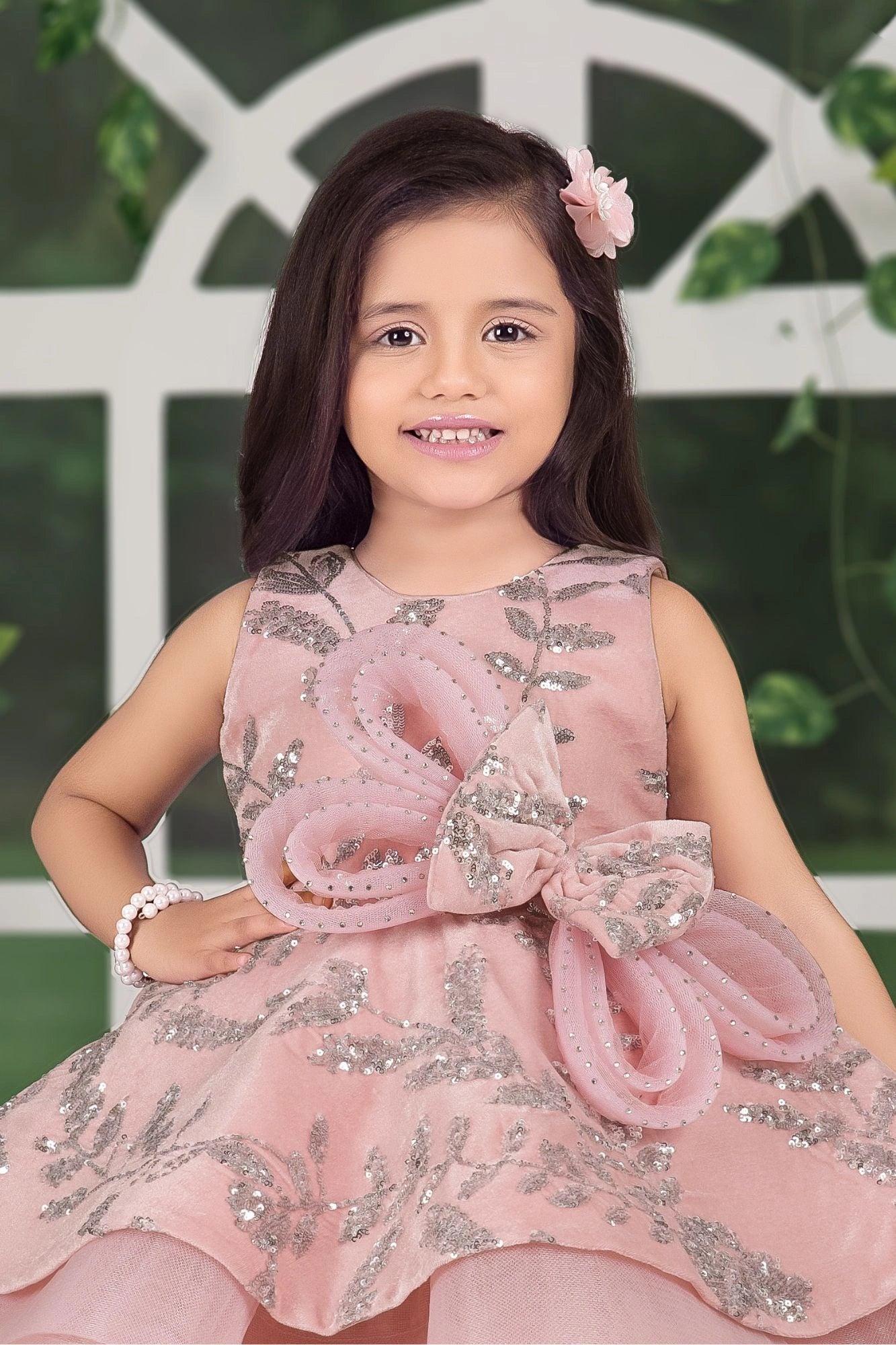 Pink Layered Party Gown with 3D Floral Bow For Girls
