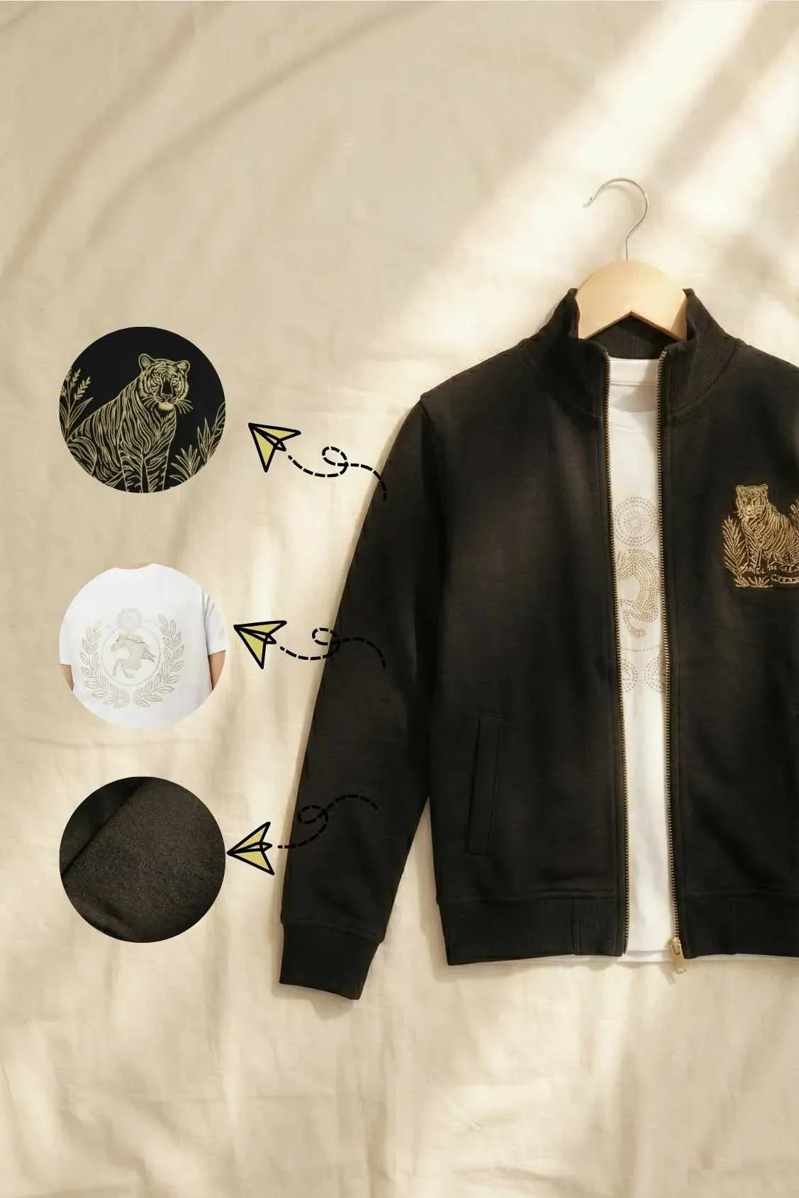 White T-Shirt & Black Zip-Up Jacket Set with Gold Crest Detailing For Boys