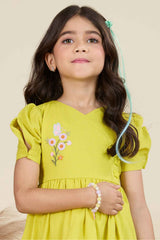 Mustard Cotton Frock With Elegant Floral Embroidery For Girls