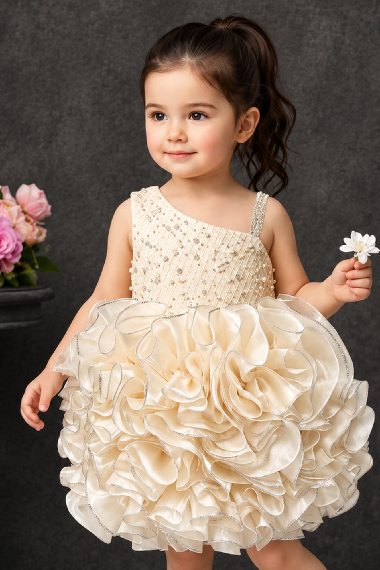 Champagne Gold One-Shoulder Ruffle Party Wear Frock