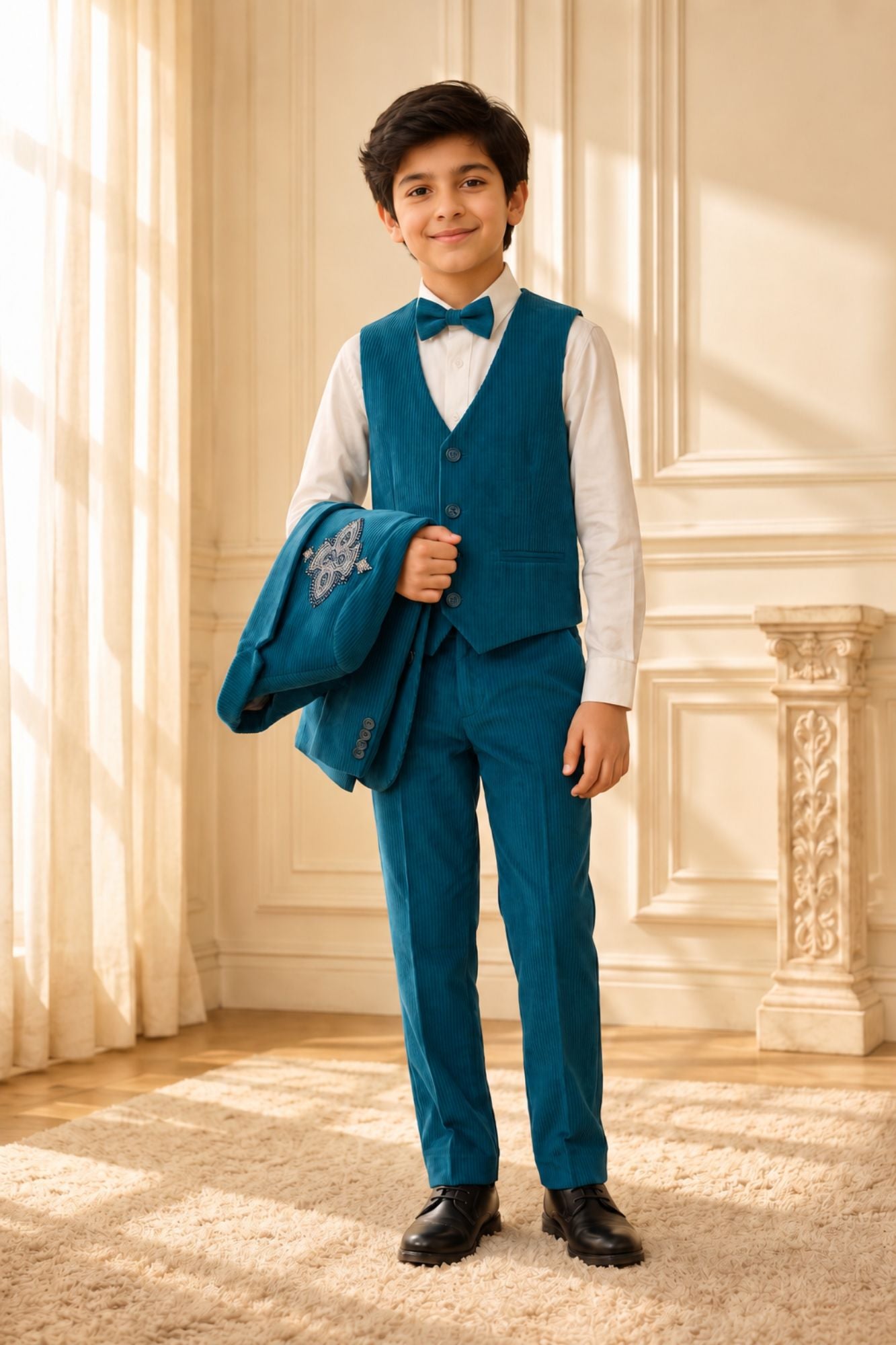 Boys Teal Embroidered Shawl Collar Party Wear Suit Set