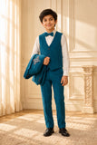 Boys Teal Embroidered Shawl Collar Party Wear Suit Set