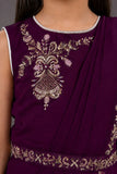 Girls Wine Embroidered Ready-to-Wear Saree Set