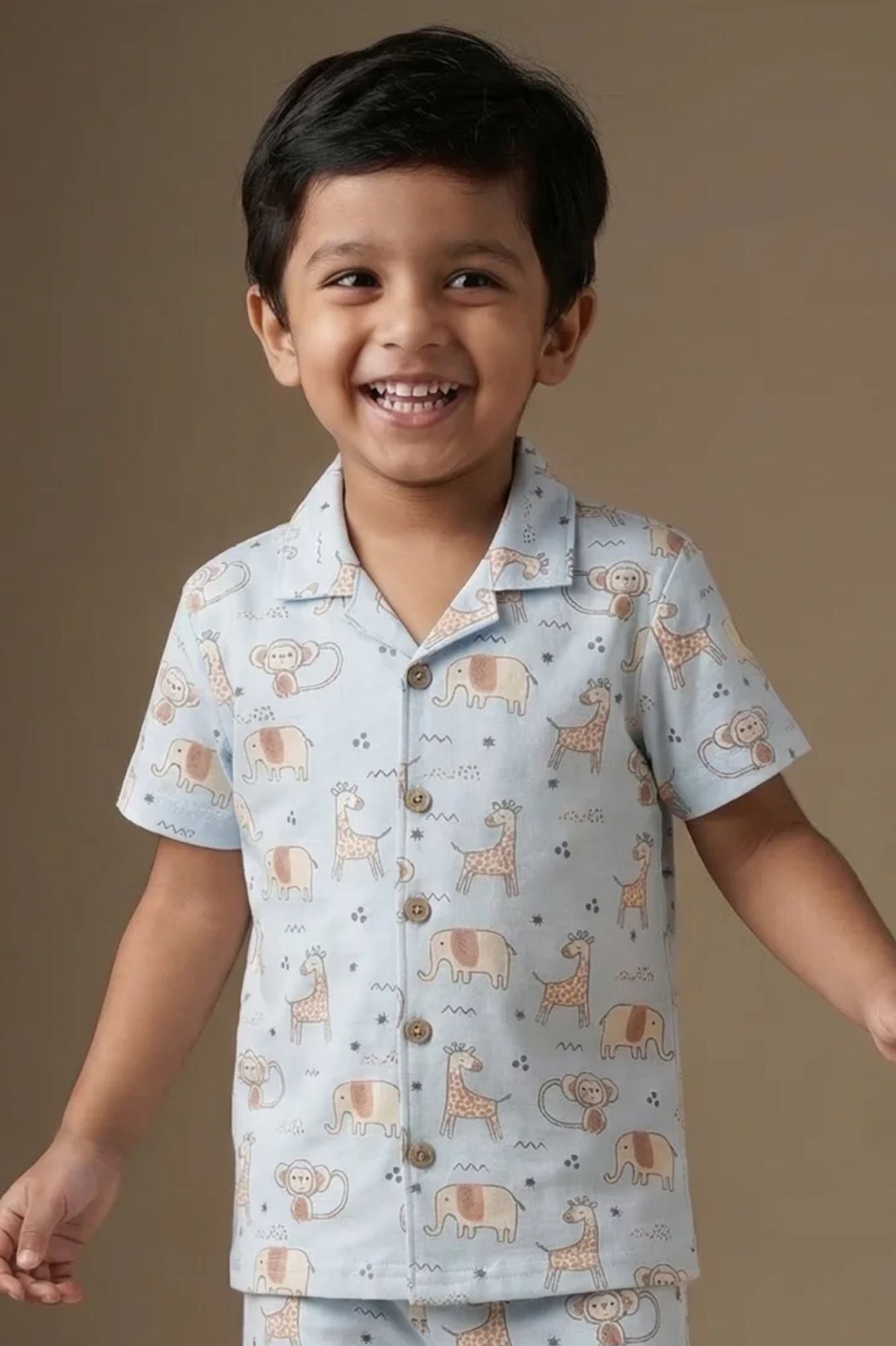 Blue Animal Print Cotton Night Suit Set For Boys