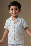 Blue Animal Print Cotton Night Suit Set For Boys