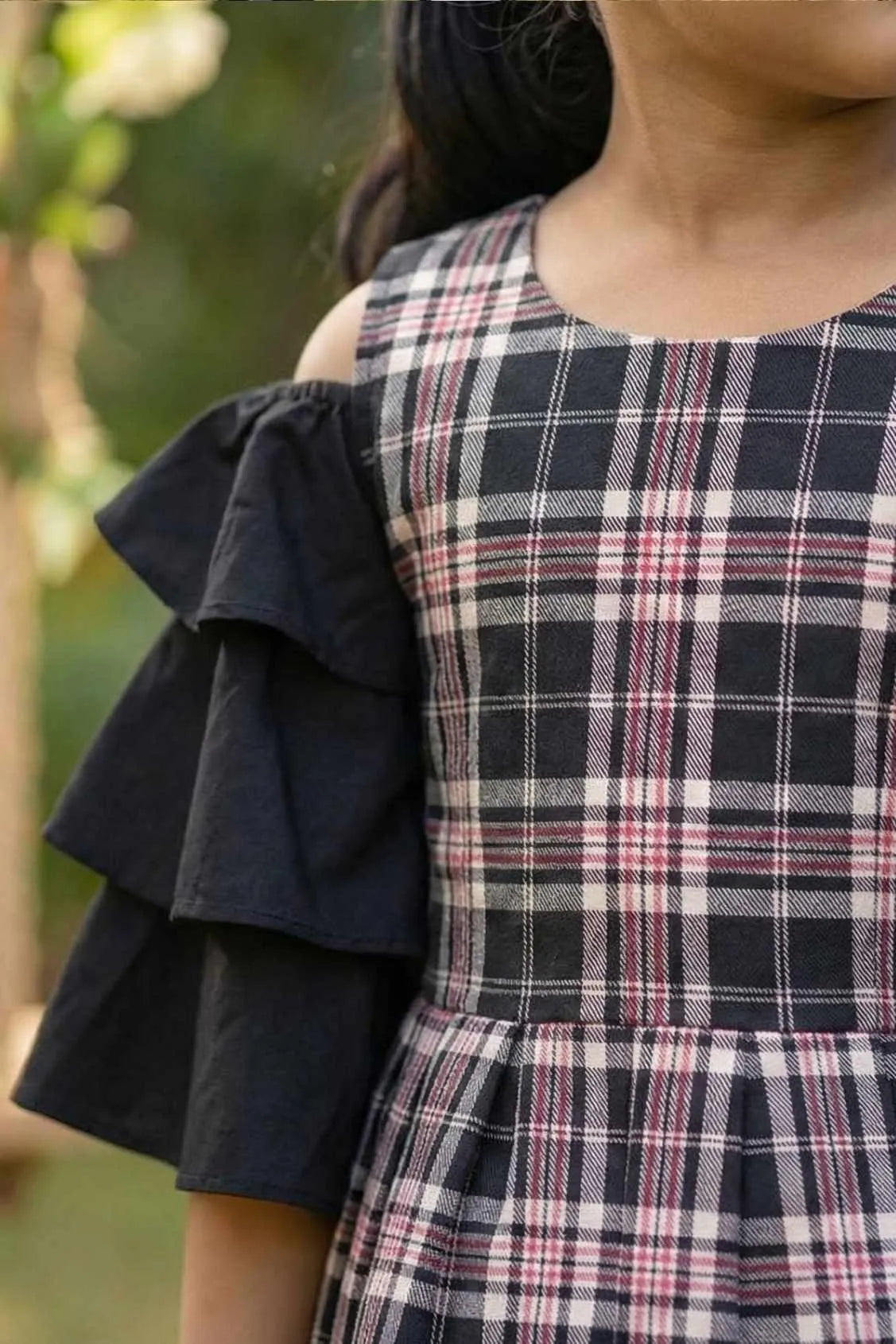 Black Plaid Cold-Shoulder Frock for Girls