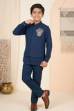 Blue Embroidered Kurta Set With Mandarin Collar For Boys