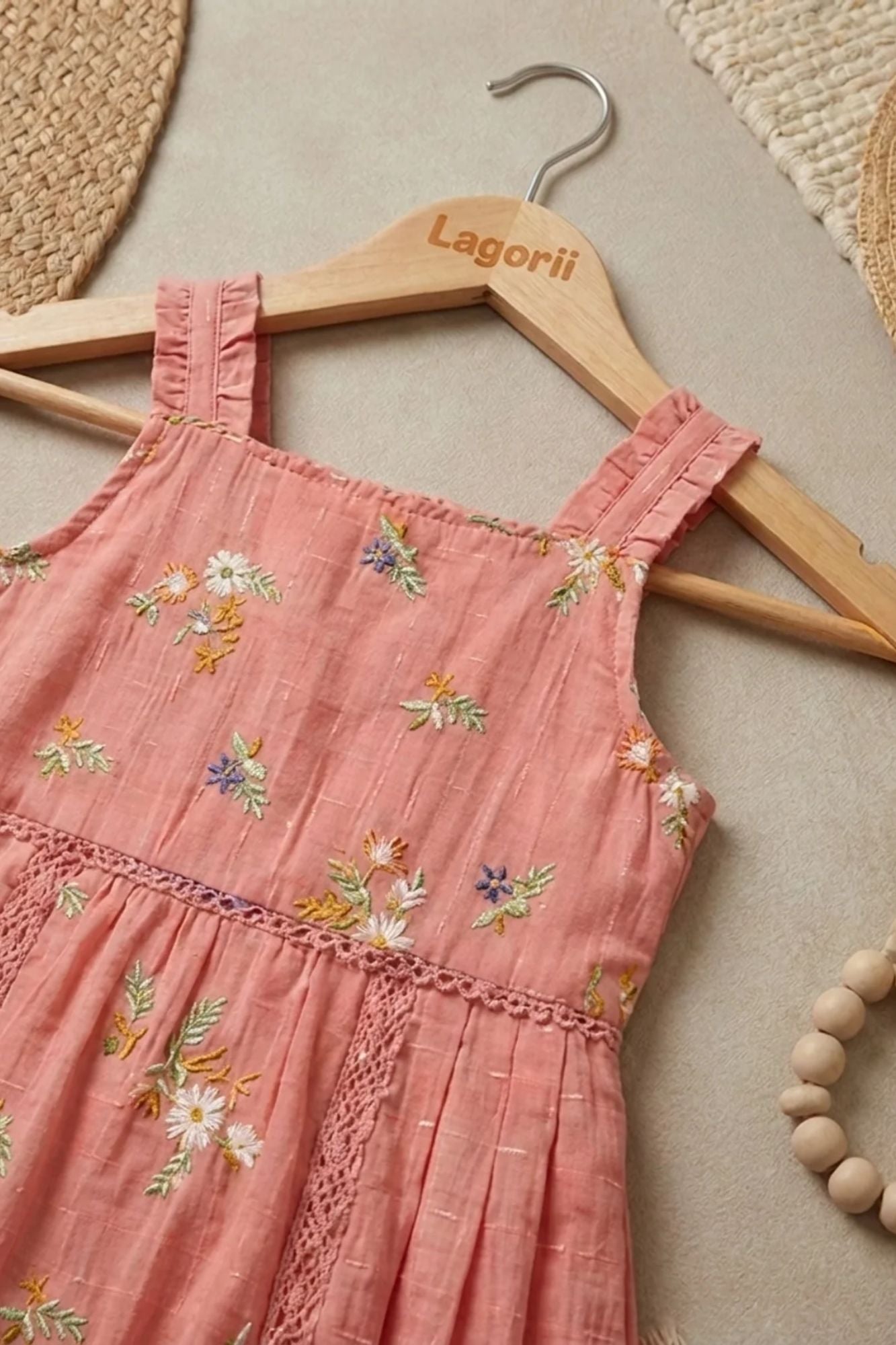 Girls Pink Floral Embroidered Sleeveless Dress with Lace Panels