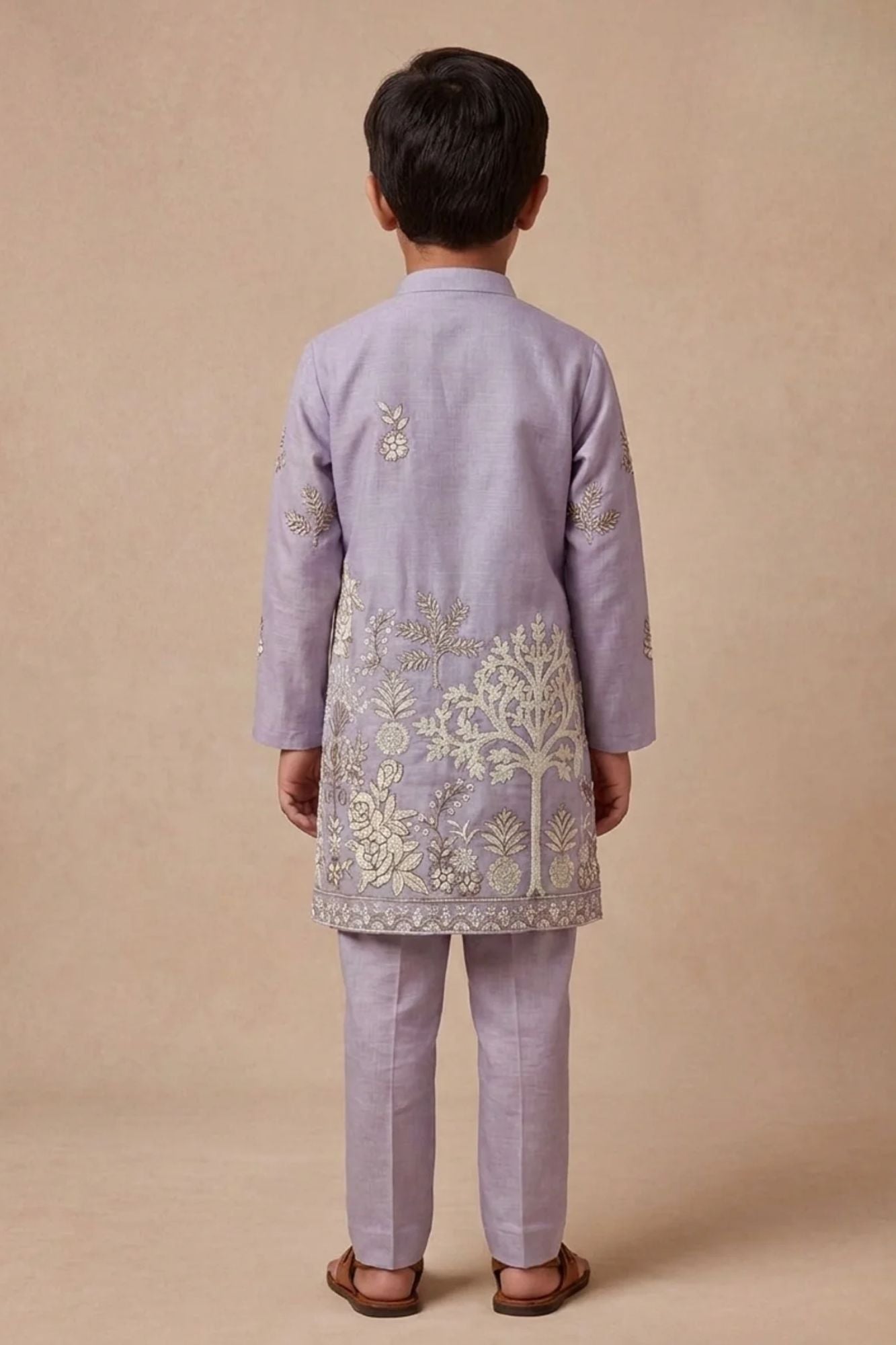 Boys Lavender Kurta Pajama Set With Floral Thread Embroidery