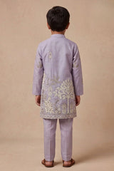 Boys Lavender Kurta Pajama Set With Floral Thread Embroidery