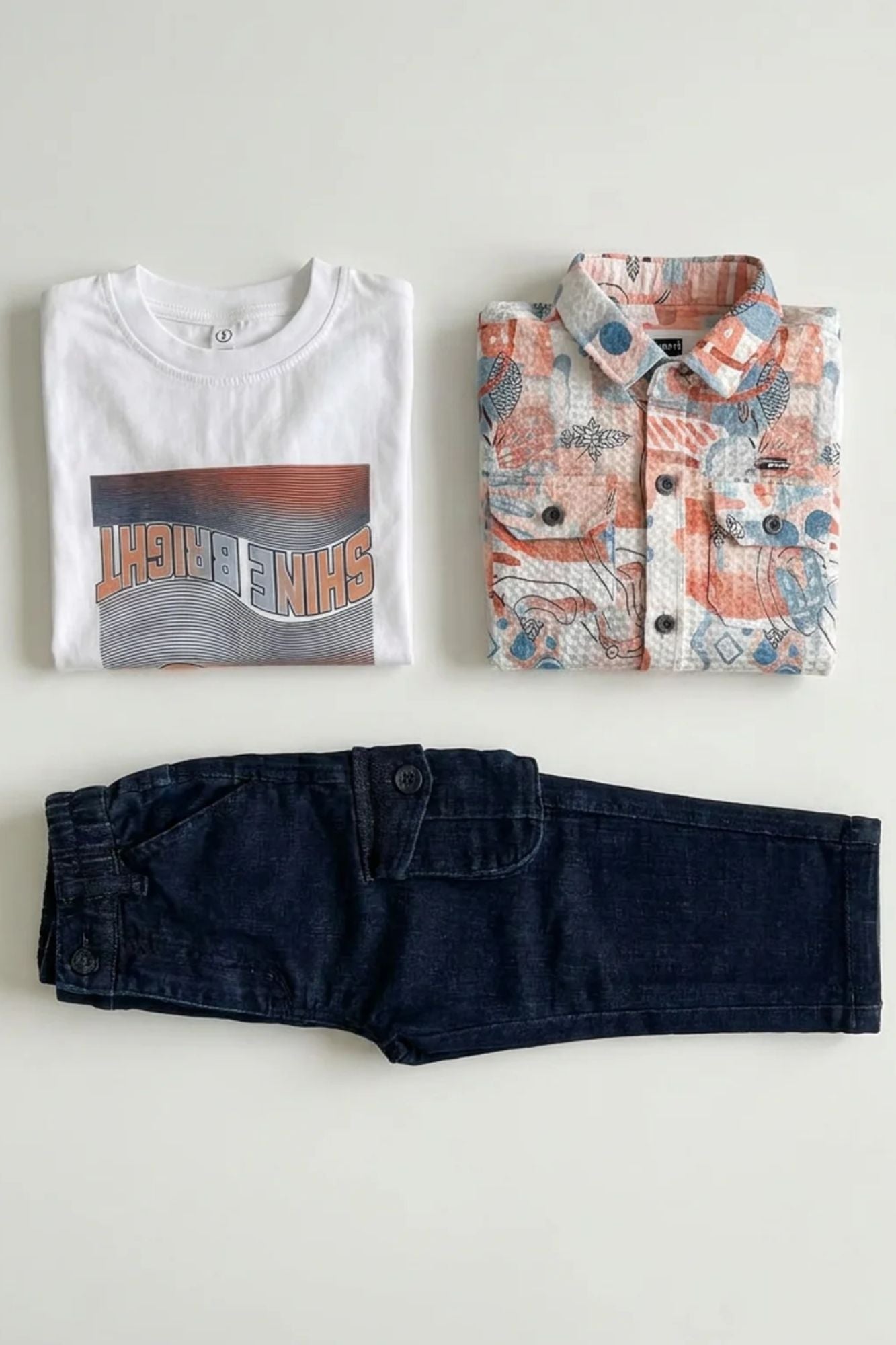 Boys White Graphic T-Shirt with Printed Shirt and Navy Cargo Jeans Set