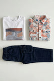 Boys White Graphic T-Shirt with Printed Shirt and Navy Cargo Jeans Set