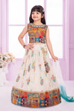 Cream And Multicolor Floral Print And Traditional Patchwork Lehenga Choli For Girls