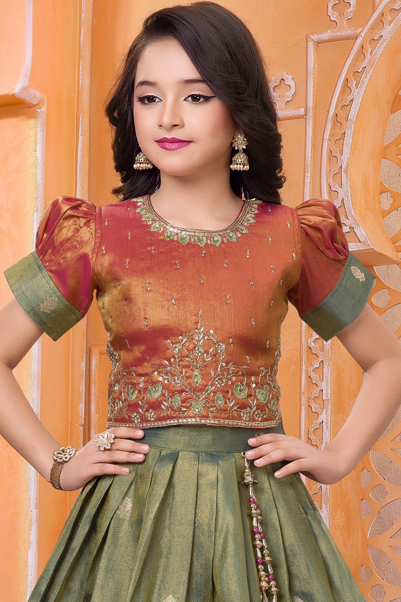 Girls Olive Green and Rust Orange Pattu Pavadai Set