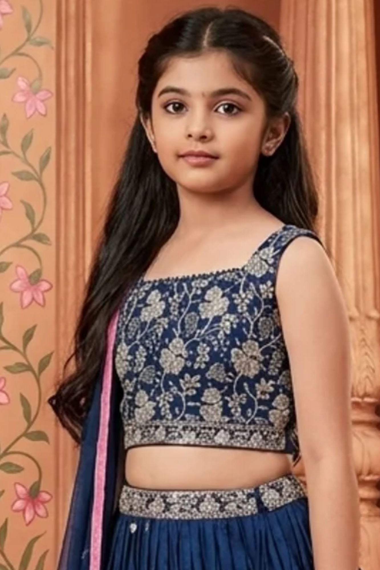 Girls Navy Blue Embroidered Lehenga Choli Set with Net Dupatta