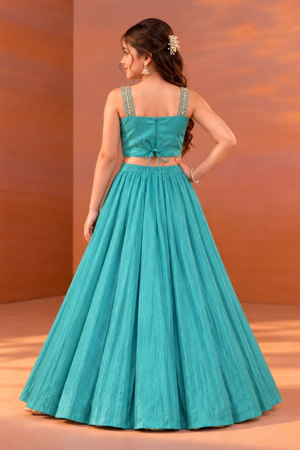 Girls Turquoise Blue Embroidered Lehenga Choli Set