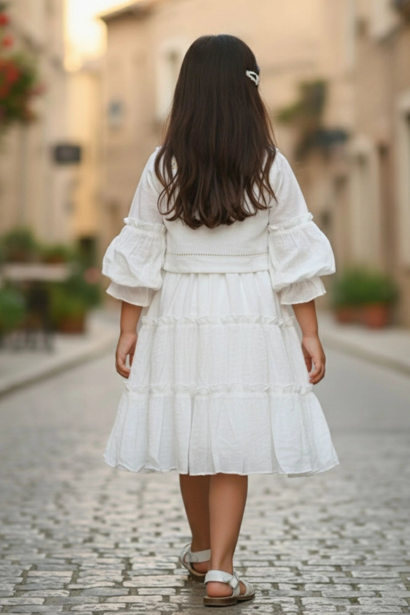 White Tiered Dress with Pastel Embroidered Jacket For Girls