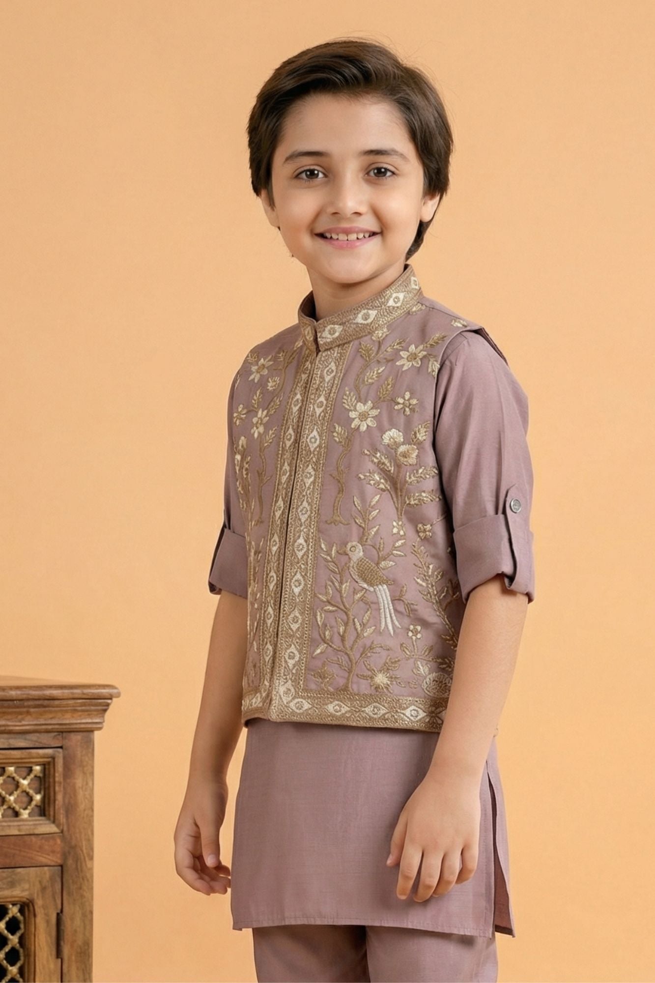 Onion Pink Embroidered Kurta Set with Nehru Jacket For Boys