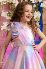 Multicolor Frock Embellished With Floral And Stone Waist Band For Girls