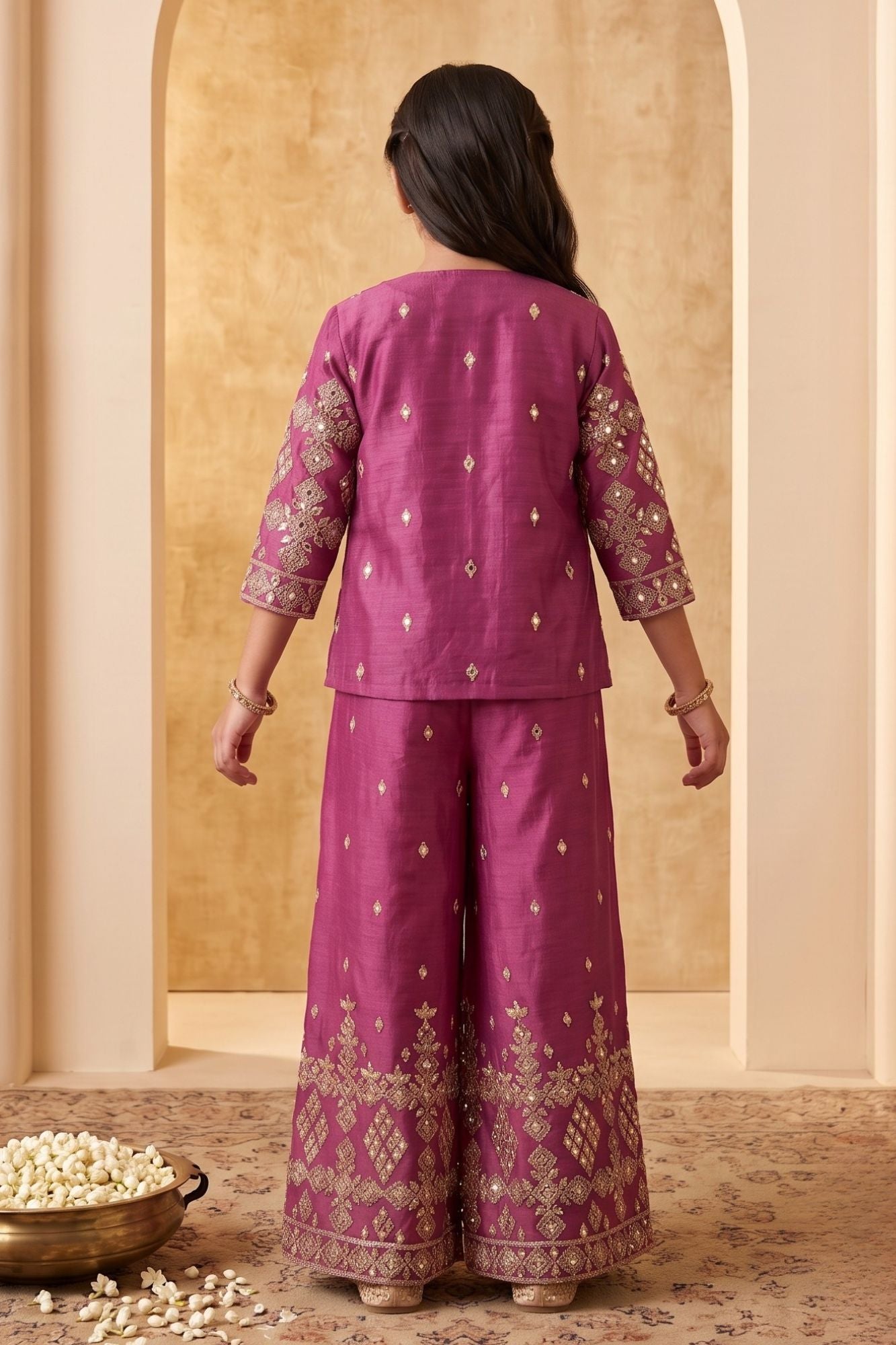 Purple Geometric Diamond Embroidered Crop Top with Jacket and Palazzo Set