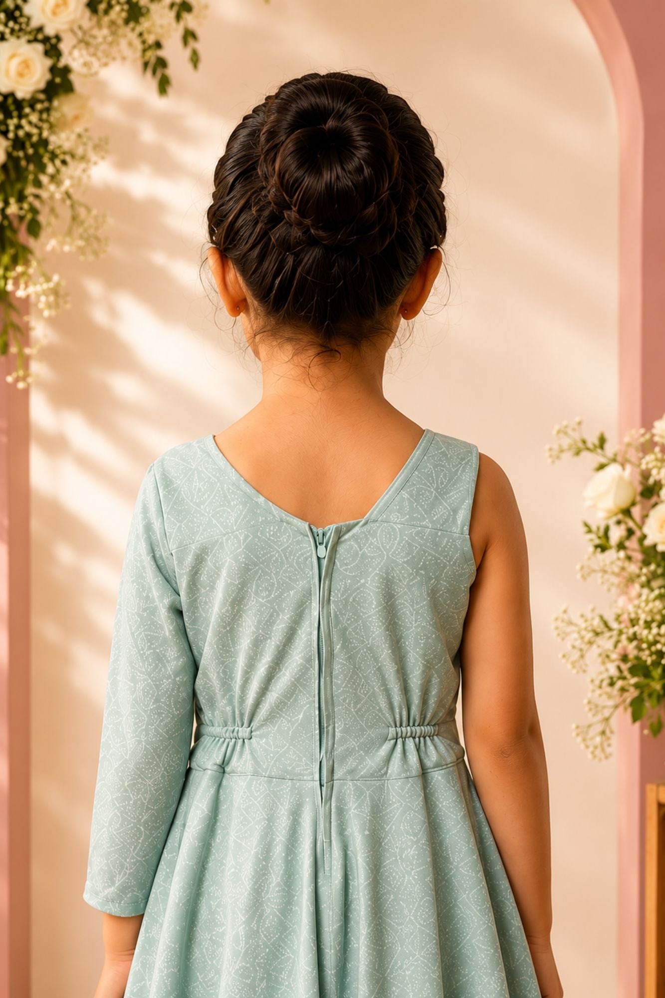 Girls Sage Green One Shoulder Embellished Gown with Floral Applique