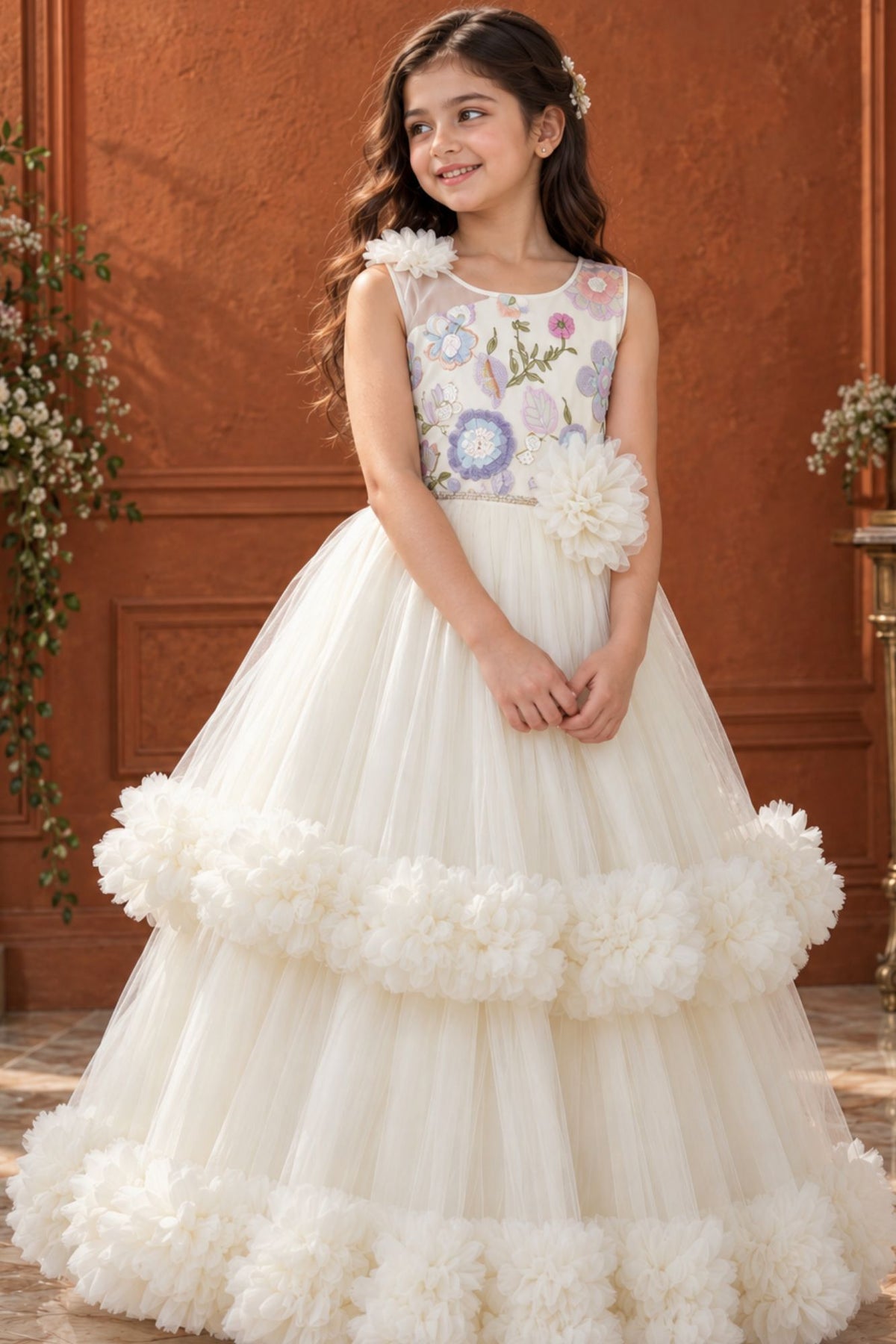 Off-White Floral Embroidered Net Party Gown with Layered Ruffle Hem For Girls