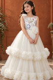 Off-White Floral Embroidered Net Party Gown with Layered Ruffle Hem For Girls