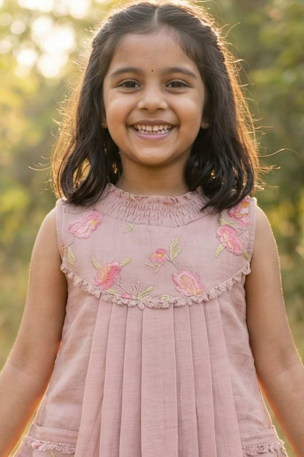 Dusty Pink Floral Embroidered Frock For Girls