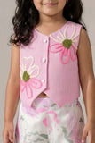 Girls Pink Floral Applique Set with Sleeveless Top And Printed Wide-Leg Pants