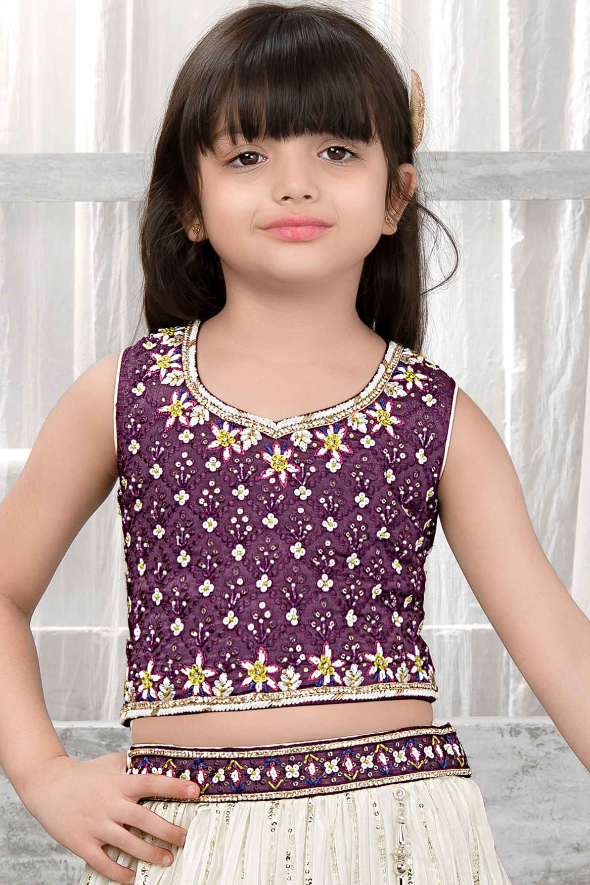 Purple And White Floral Printed Lehenga Choli Set With Sequins Work For Girls