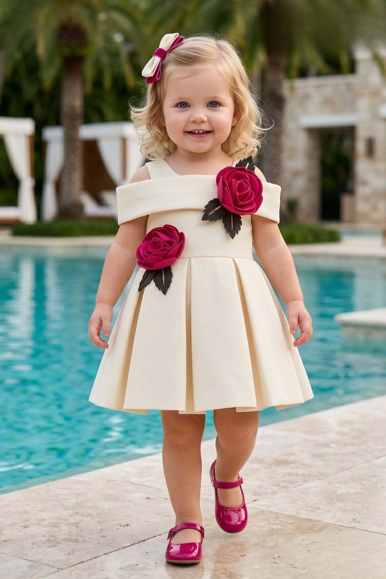 Girls Fawn Party Wear Dress with 3D Rose Applique