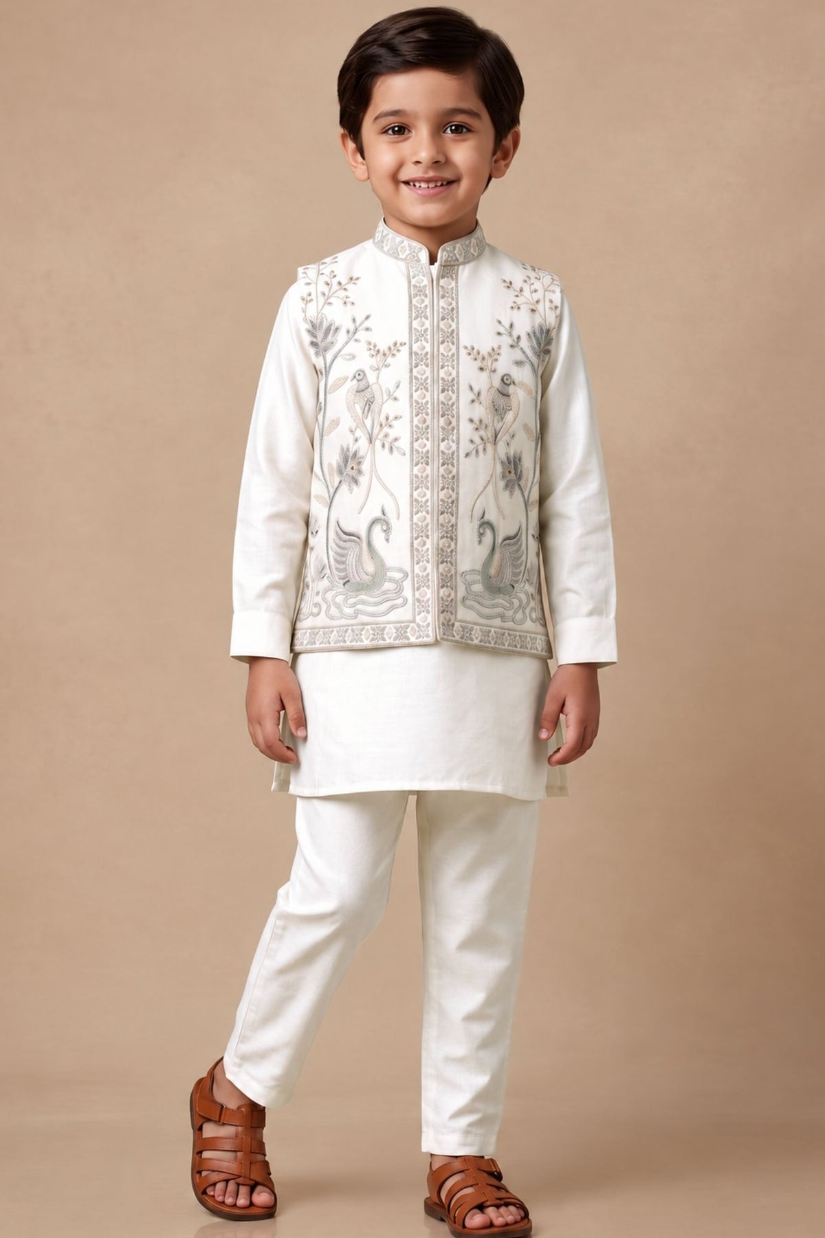Boys Elegant Ivory Bird And Floral Kurta Set With Nehru Jacket