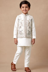 Boys Elegant Ivory Bird And Floral Kurta Set With Nehru Jacket