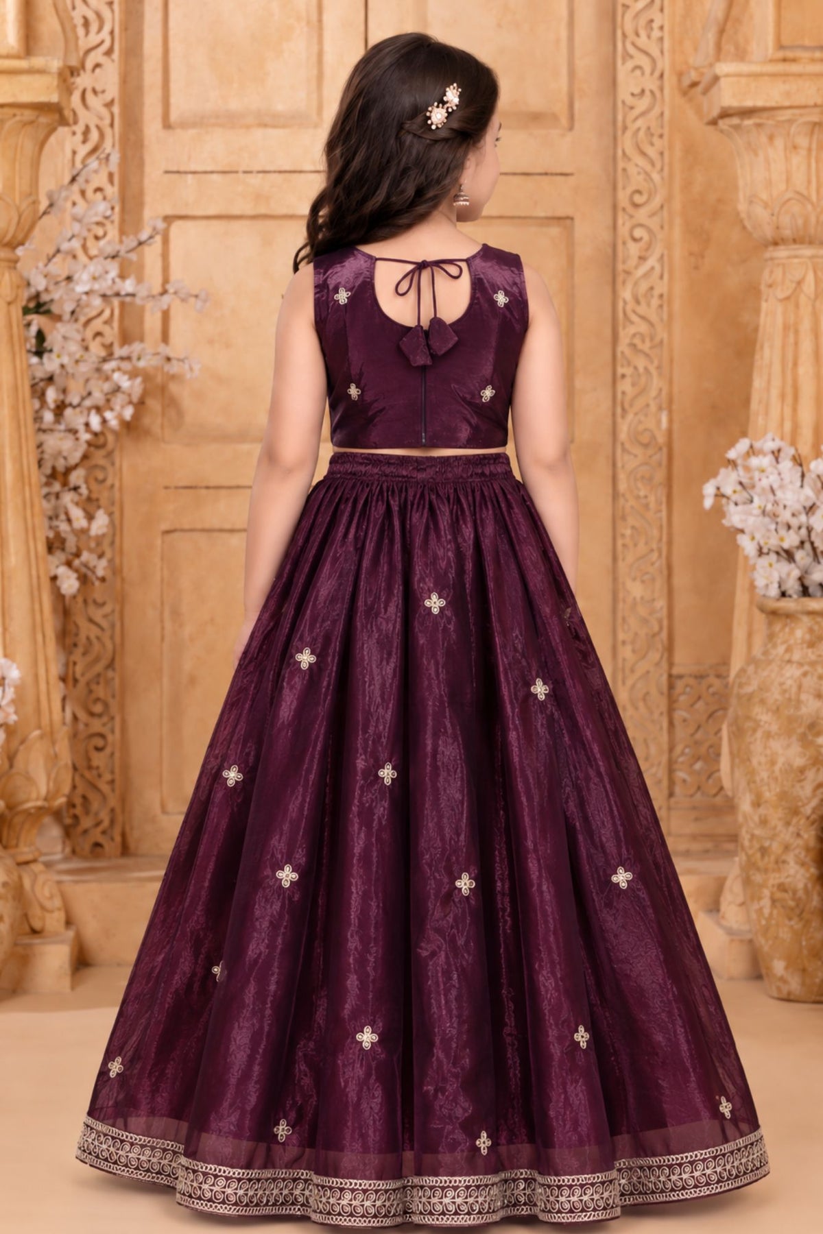 Girls Wine Embroidered Lehenga Choli Set With Dupatta