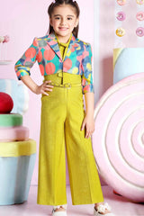 Stylish Mustard Jumpsuit With Multicolor Printed Over Coat For Girls