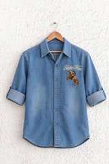 Denim Blue Embroidered Shirt for Boys