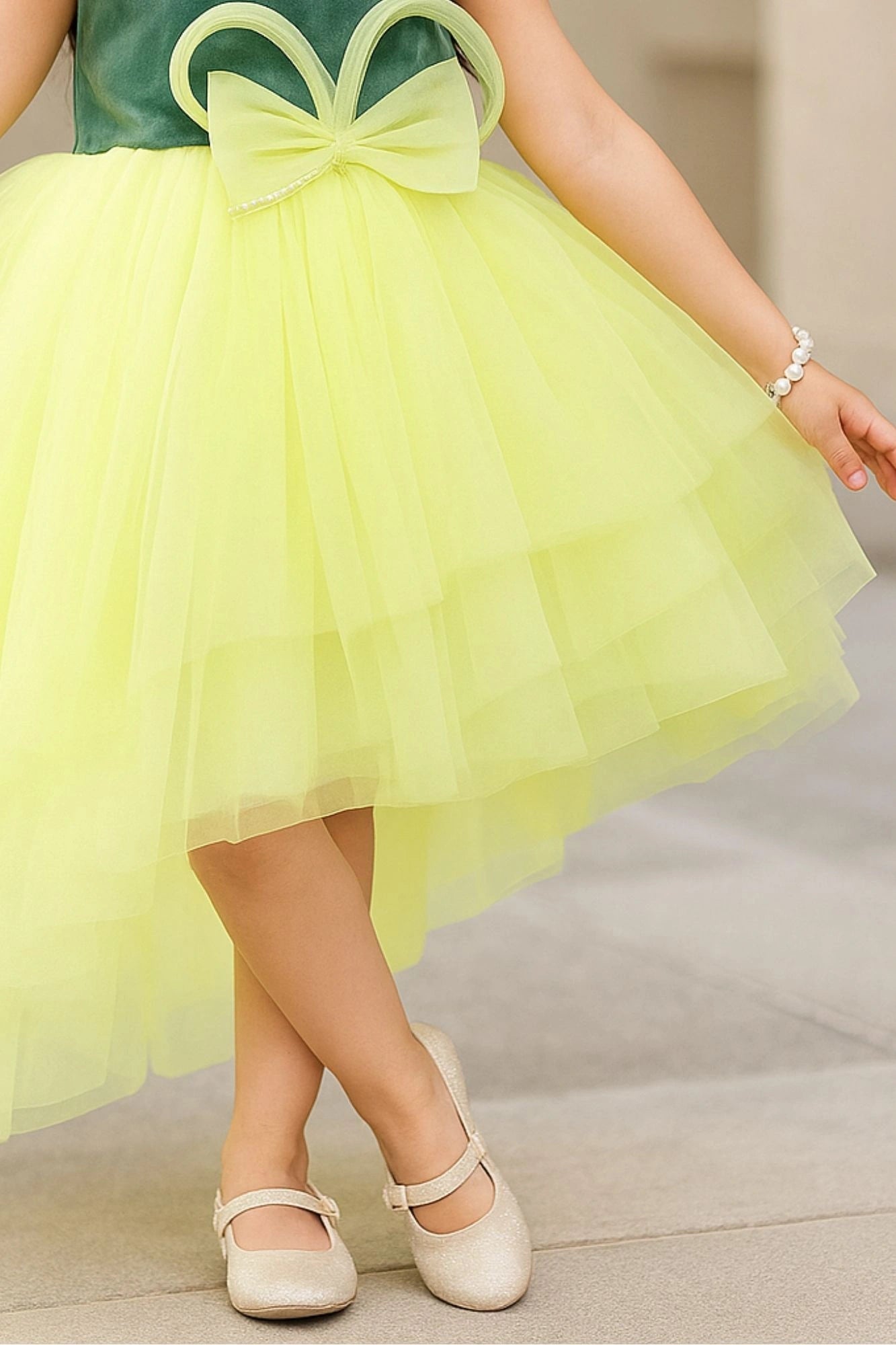 Green And Yellow Party Wear Frock with Layered High-Low Skirt For Girls