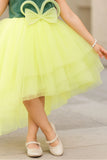 Green And Yellow Party Wear Frock with Layered High-Low Skirt For Girls