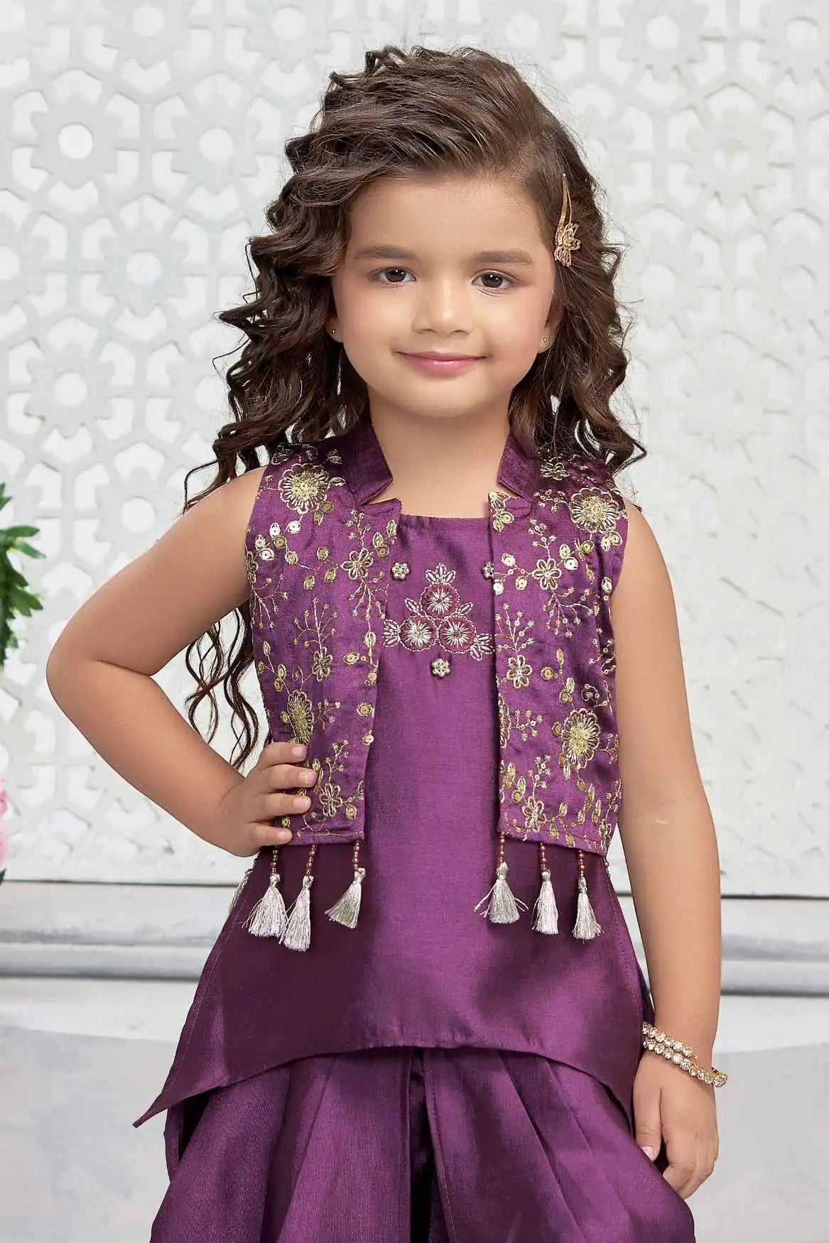 Purple Dhoti Set With Embroidered Kurti And Jacket For Girls