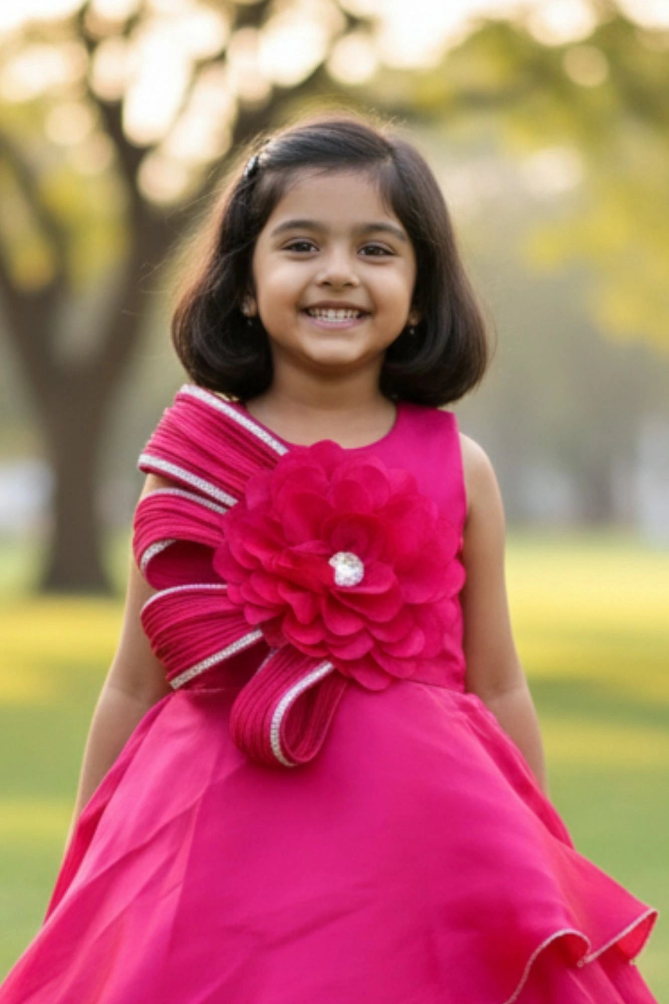 Cherry Red Layered Party Gown with Oversized Floral Appliqué For Girls