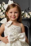 Girls Cream Embroidered Bow Detailed Party Wear Frock