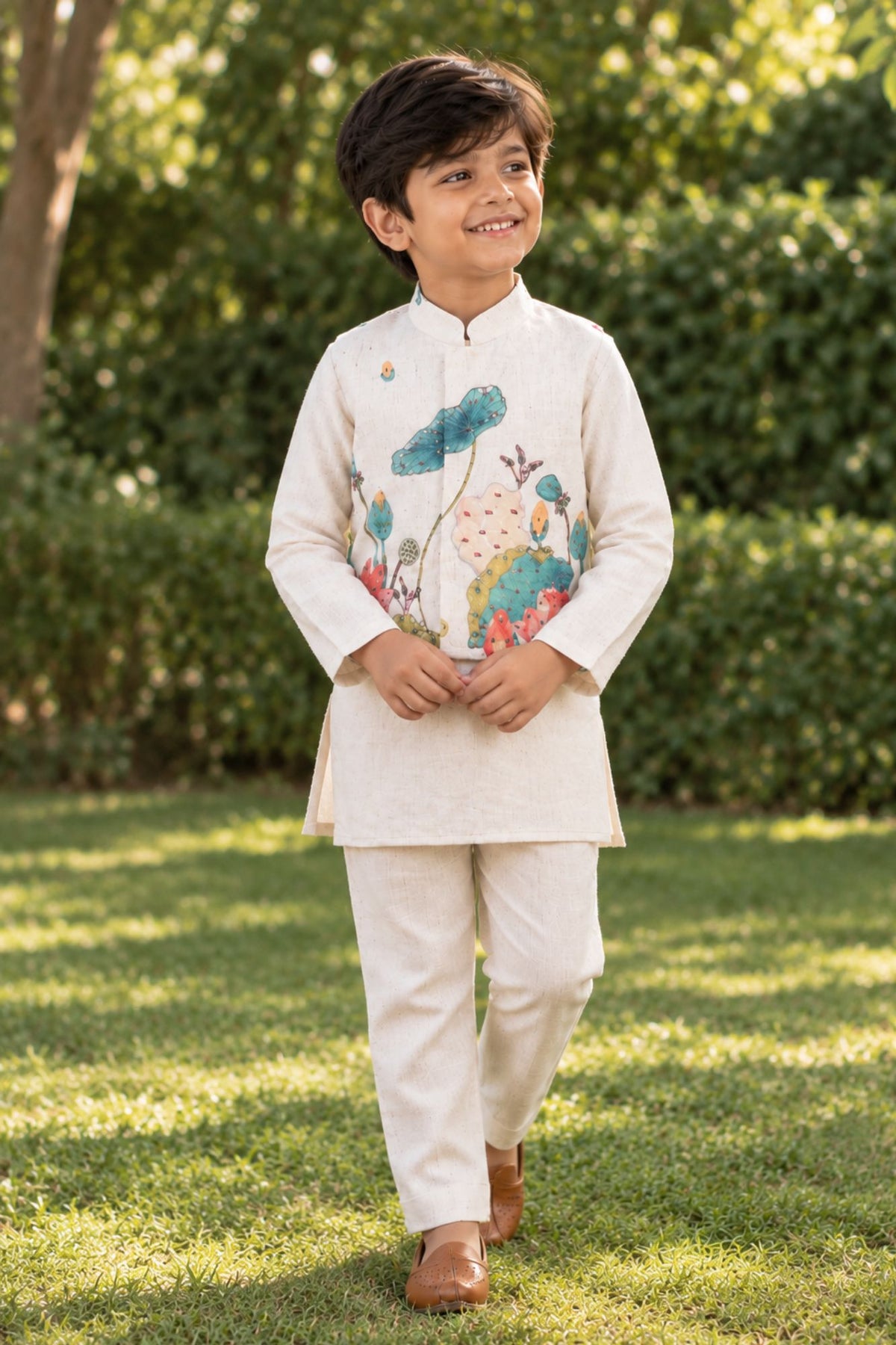 Beige Kurta Set With Floral Printed Nehru Jacket For Boys