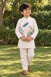 Beige Kurta Set With Floral Printed Nehru Jacket For Boys